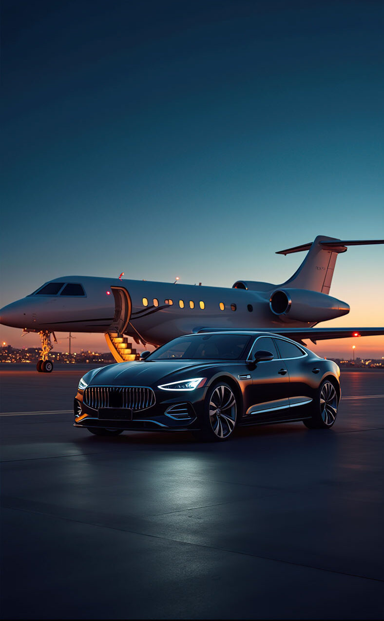 Private jet arrival with luxury car waiting on the runway at sunset.